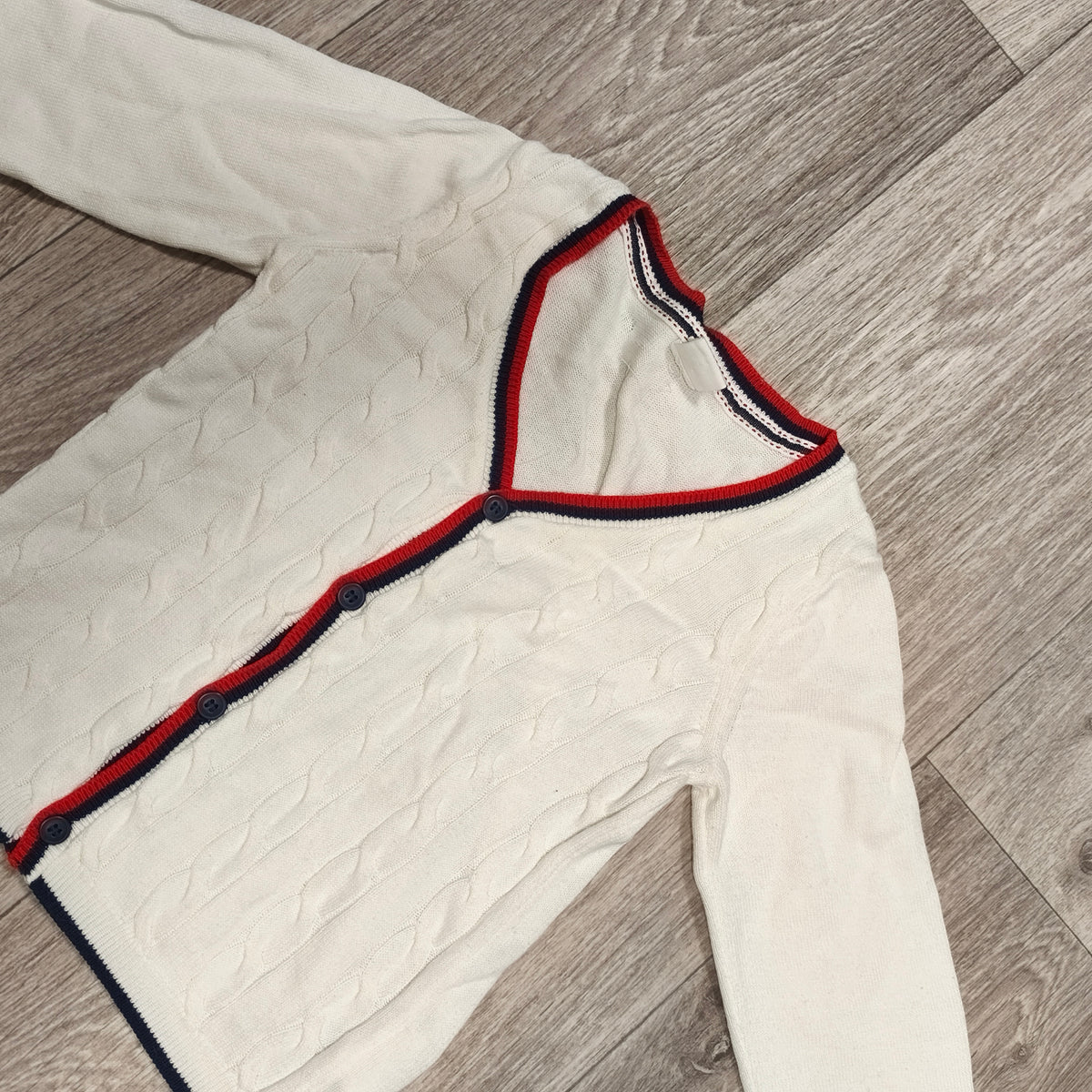 H&M Baby Cardigan Sweater 12-18 Months White Cable Knit Red Blue Trim Button Up