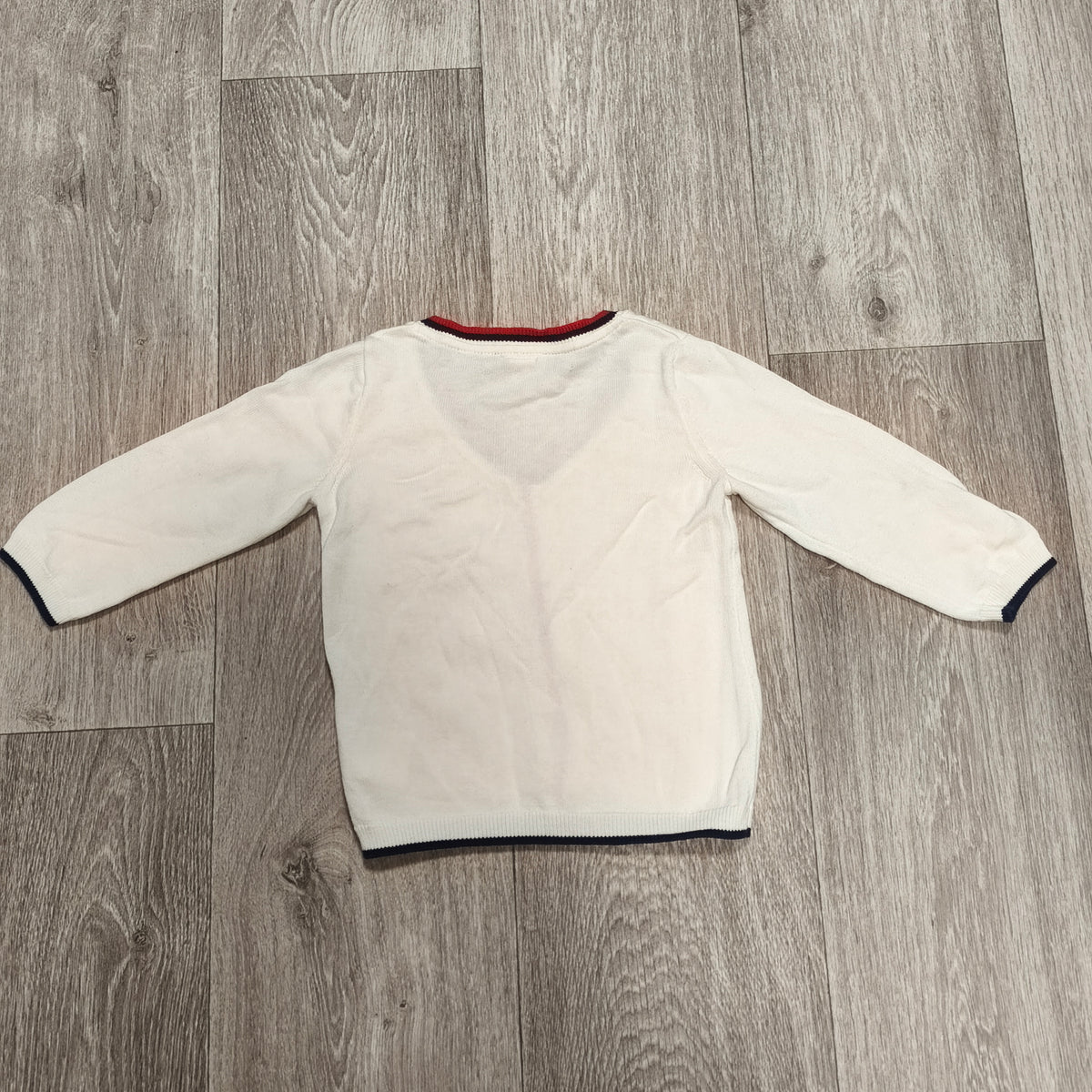 H&M Baby Cardigan Sweater 12-18 Months White Cable Knit Red Blue Trim Button Up
