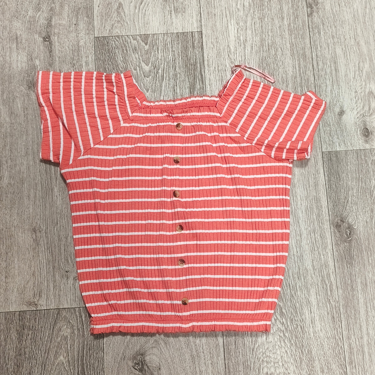 George Girls Striped Ribbed Top Coral White Short Sleeve Shirt 11-12 Years