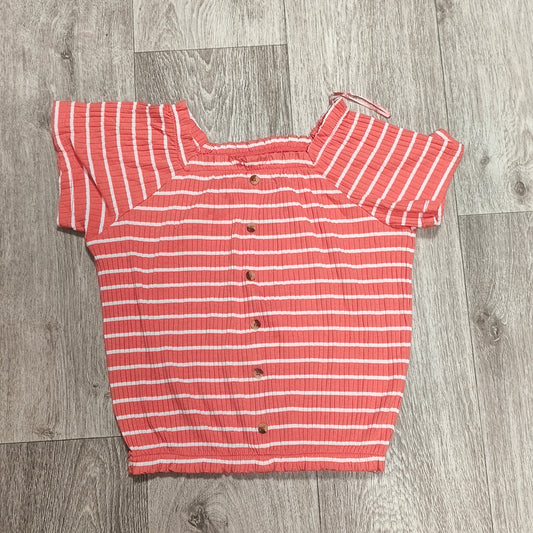 George Girls Striped Ribbed Top Coral White Short Sleeve Shirt 11-12 Years