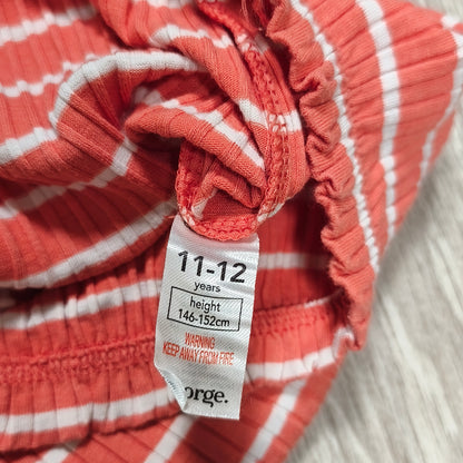 George Girls Striped Ribbed Top Coral White Short Sleeve Shirt 11-12 Years