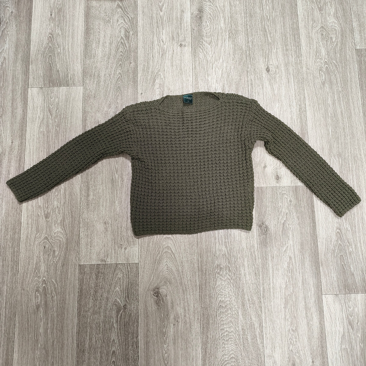 Maggi 1913 Women L Sweater 100% Virgin Wool Open Knit Olive Green Italy Top