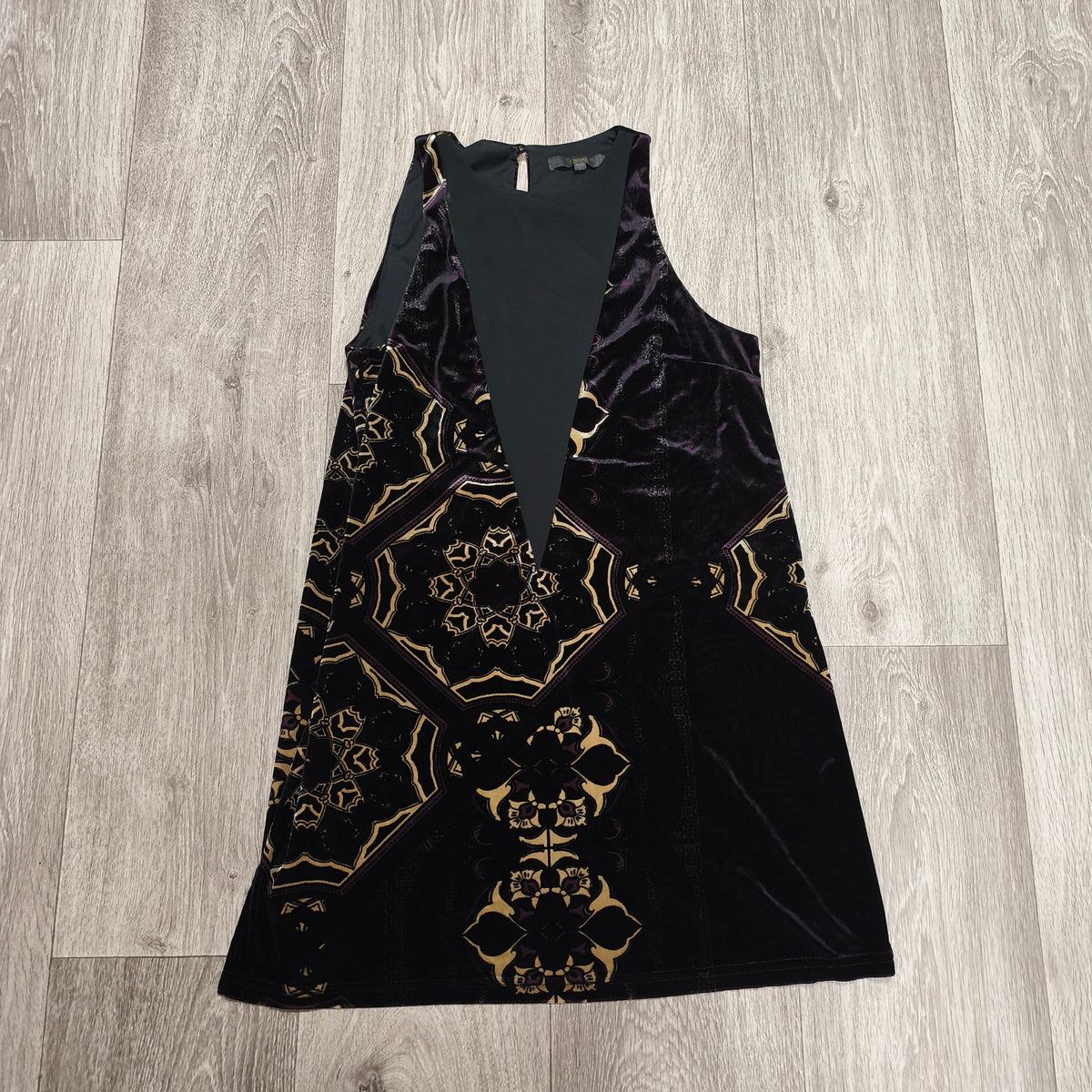 Next Womens Velvet Mini Dress Size UK 10 Black Gold Geometric Keyhole