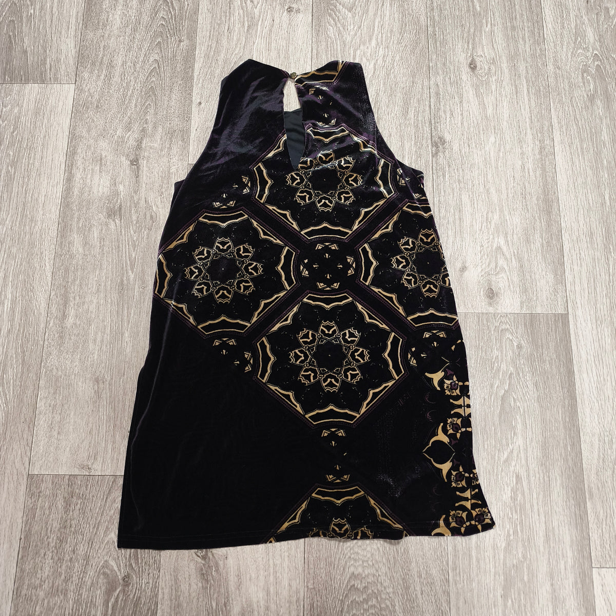 Next Womens Velvet Mini Dress Size UK 10 Black Gold Geometric Keyhole