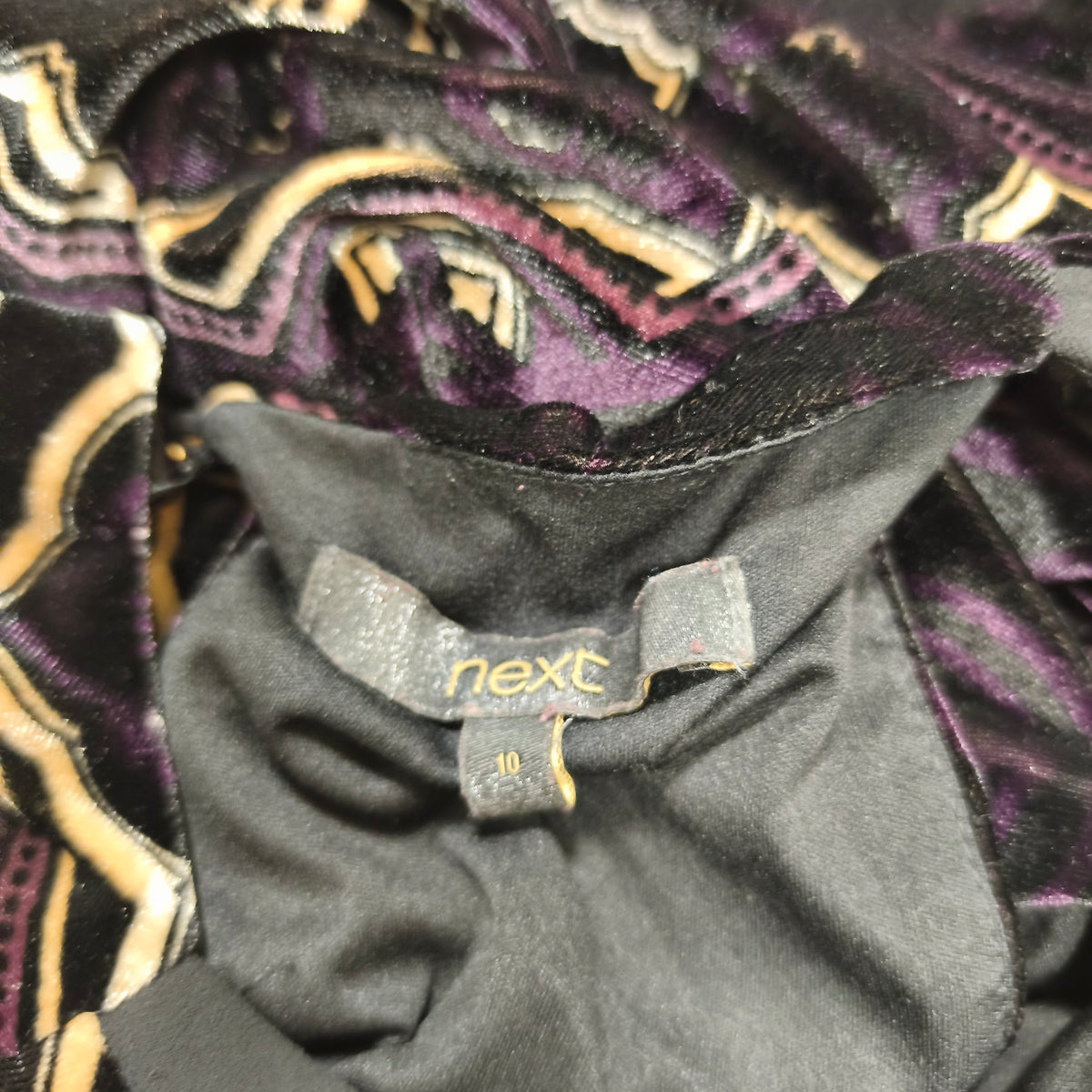 Next Womens Velvet Mini Dress Size UK 10 Black Gold Geometric Keyhole