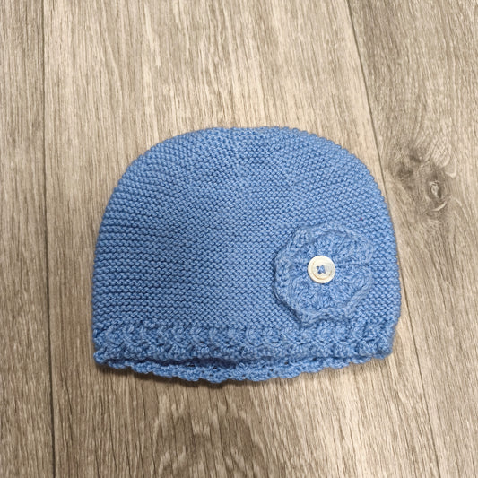 Handmade Blue Knit Baby Beanie Hat Flower Button Accent Winter Warm