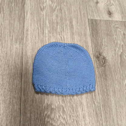 Handmade Blue Knit Baby Beanie Hat Flower Button Accent Winter Warm