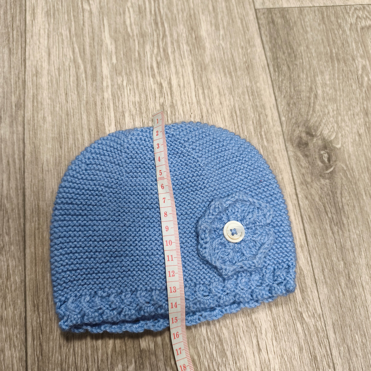 Handmade Blue Knit Baby Beanie Hat Flower Button Accent Winter Warm