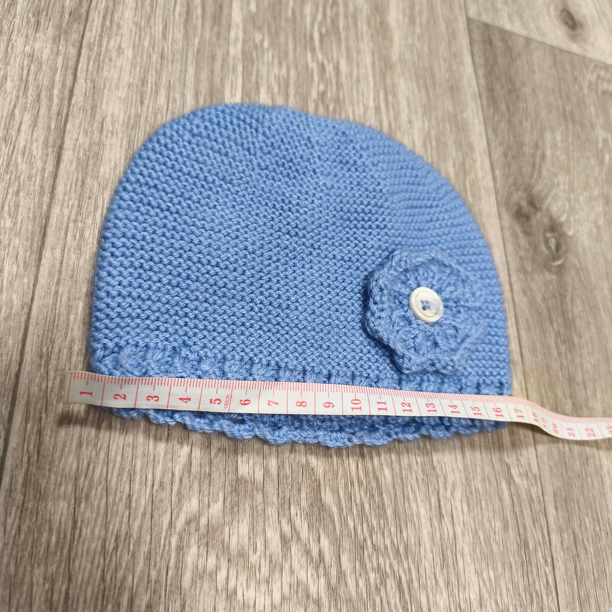 Handmade Blue Knit Baby Beanie Hat Flower Button Accent Winter Warm