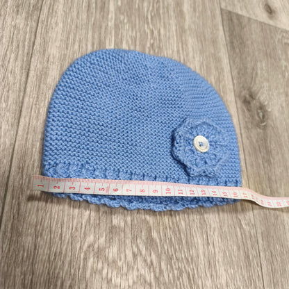Handmade Blue Knit Baby Beanie Hat Flower Button Accent Winter Warm
