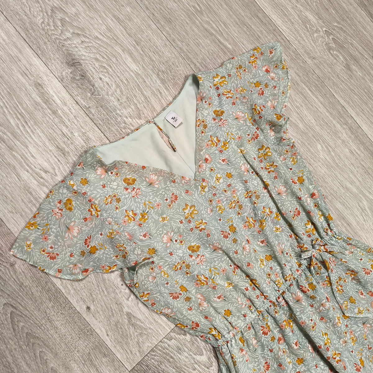 Tu Kids Girls Floral Dress Green Sage Flutter Sleeve Summer 13 Yrs 158cm