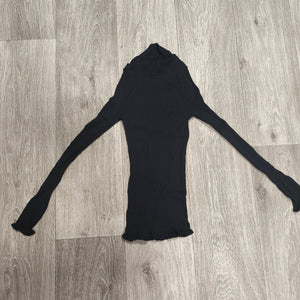 Women Black Ribbed Knit Mock Neck Long Sleeve Top Lettuce Hem Ruffle Trim