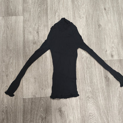 Women Black Ribbed Knit Mock Neck Long Sleeve Top Lettuce Hem Ruffle Trim