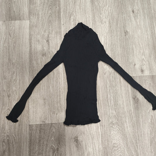 Women Black Ribbed Knit Mock Neck Long Sleeve Top Lettuce Hem Ruffle Trim