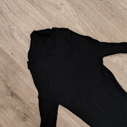 Women Black Ribbed Knit Mock Neck Long Sleeve Top Lettuce Hem Ruffle Trim