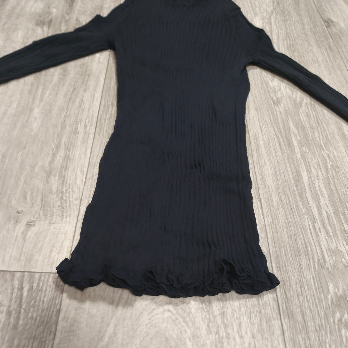 Women Black Ribbed Knit Mock Neck Long Sleeve Top Lettuce Hem Ruffle Trim