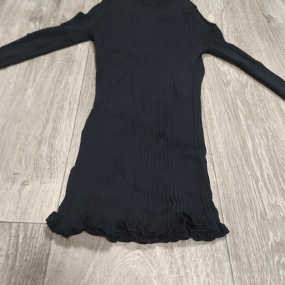 Women Black Ribbed Knit Mock Neck Long Sleeve Top Lettuce Hem Ruffle Trim