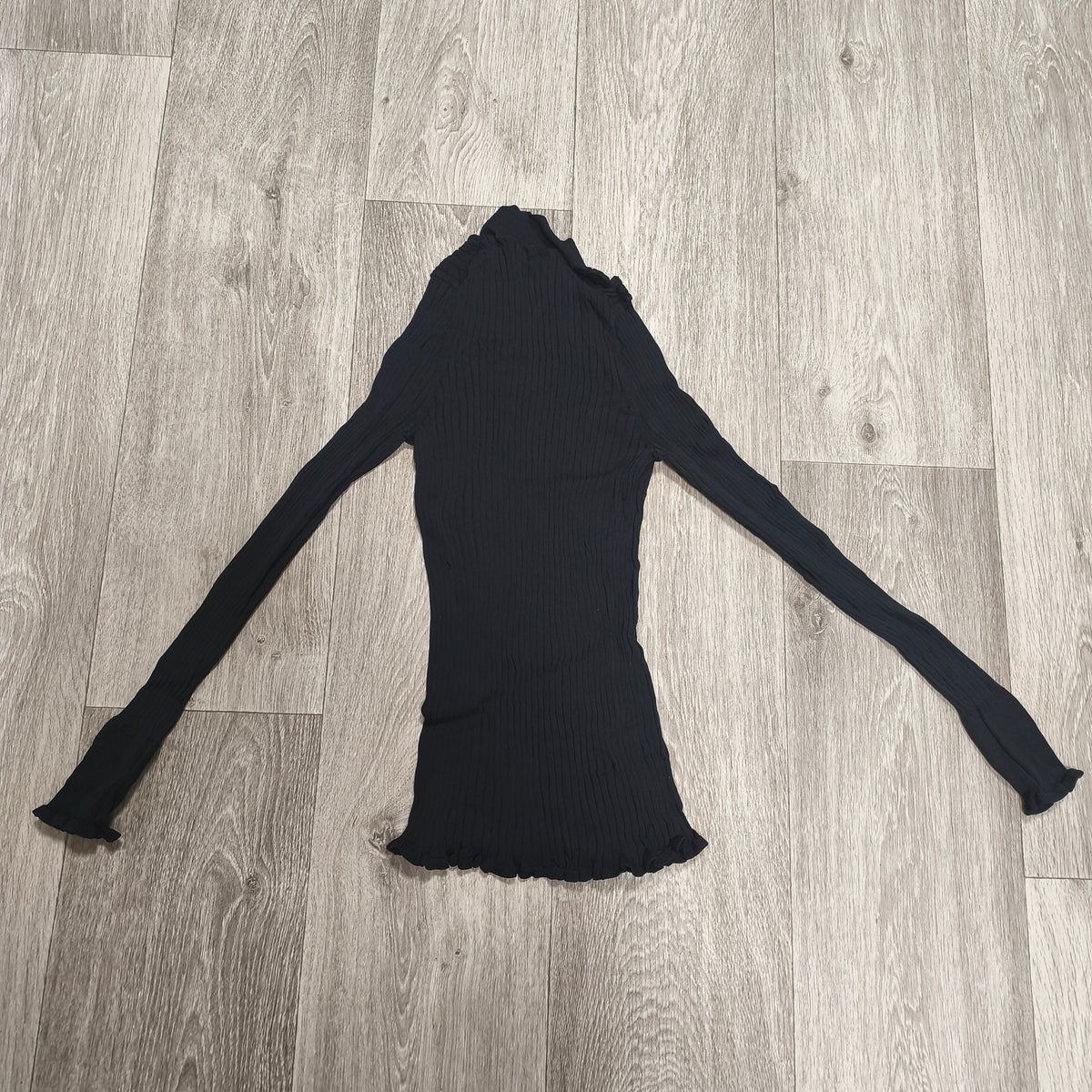 Women Black Ribbed Knit Mock Neck Long Sleeve Top Lettuce Hem Ruffle Trim
