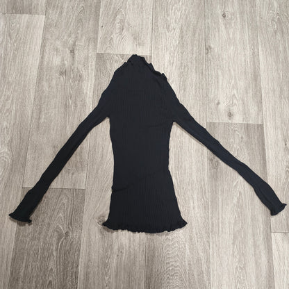 Women Black Ribbed Knit Mock Neck Long Sleeve Top Lettuce Hem Ruffle Trim