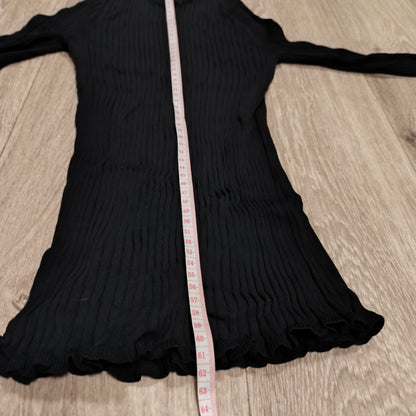 Women Black Ribbed Knit Mock Neck Long Sleeve Top Lettuce Hem Ruffle Trim