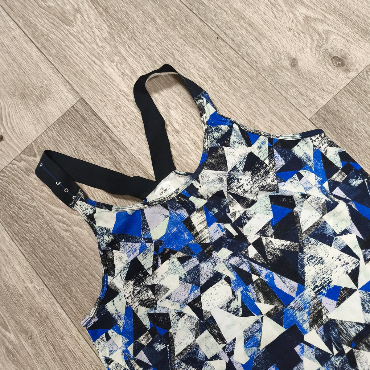 Jockey Women Size 12 Activewear Tank Top Blue Geometric Crossback Elastic Straps
