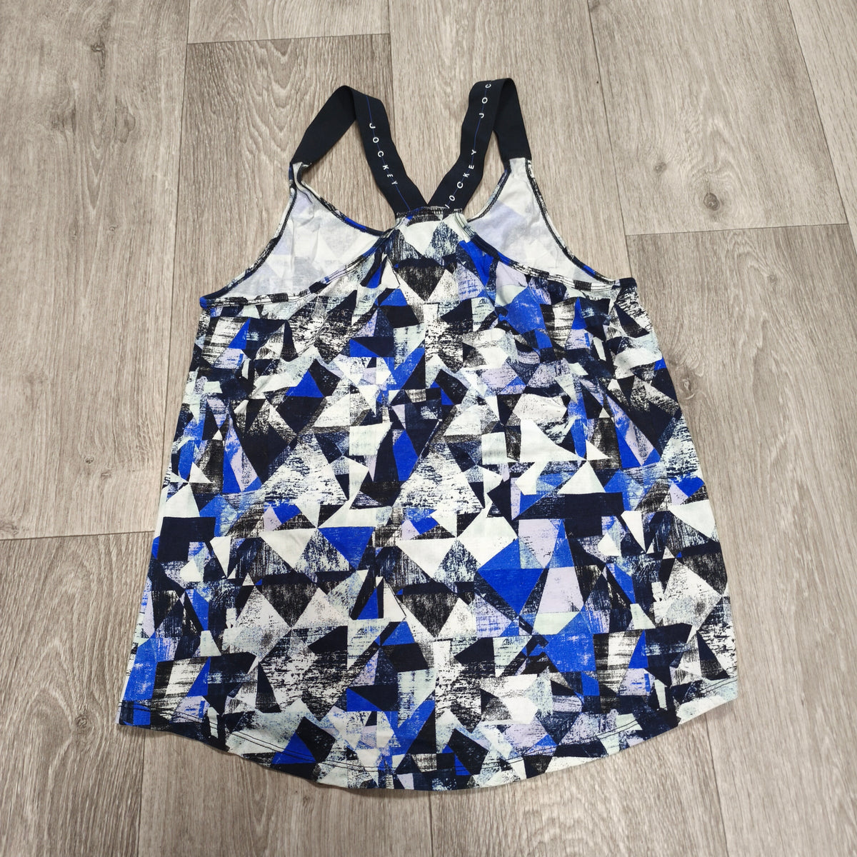 Jockey Women Size 12 Activewear Tank Top Blue Geometric Crossback Elastic Straps