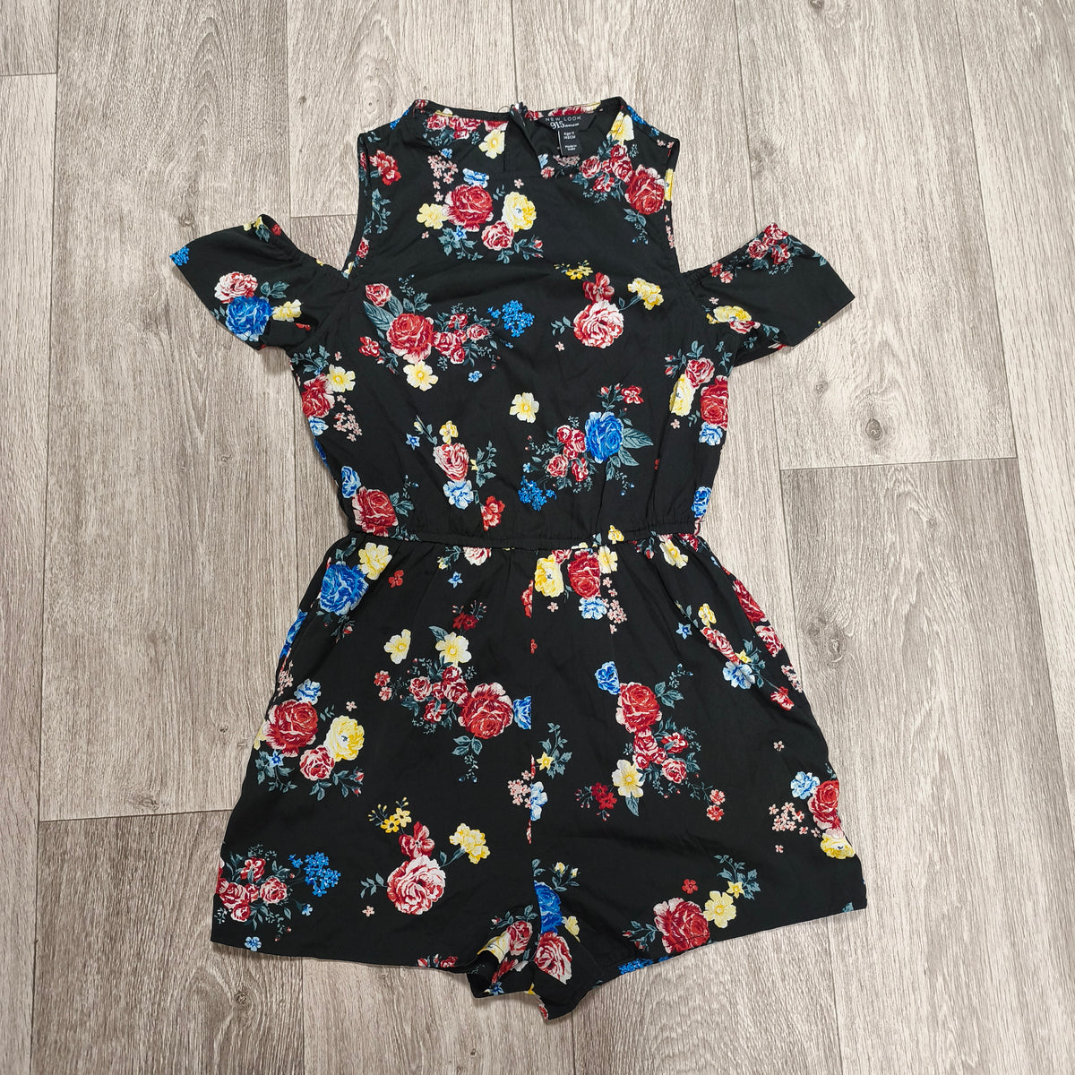 New Look 915 Girls Floral Playsuit Romper Black Cold Shoulder Age 11 146cm