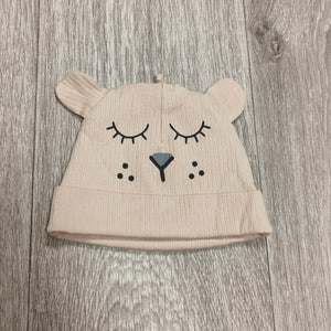 ICA i Eco Baby Beanie Hat Organic Cotton Beige Bear Ears Animal Face 3-6 Months