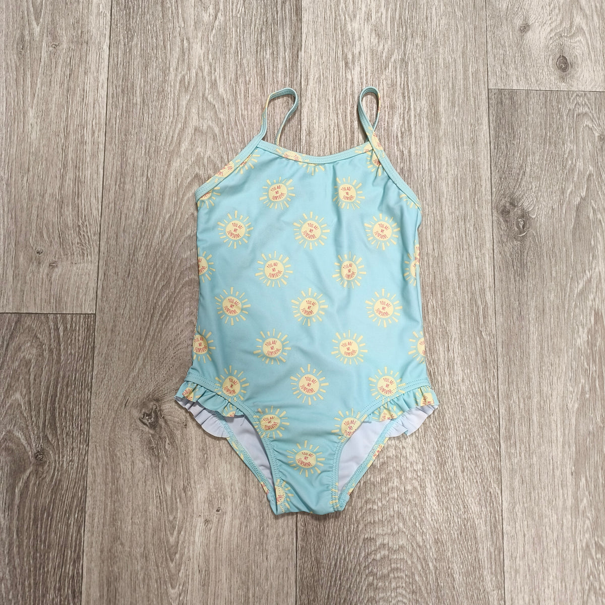 Girls Light Blue Sunshine Print Ruffle One Piece Swimsuit Bathing Suit