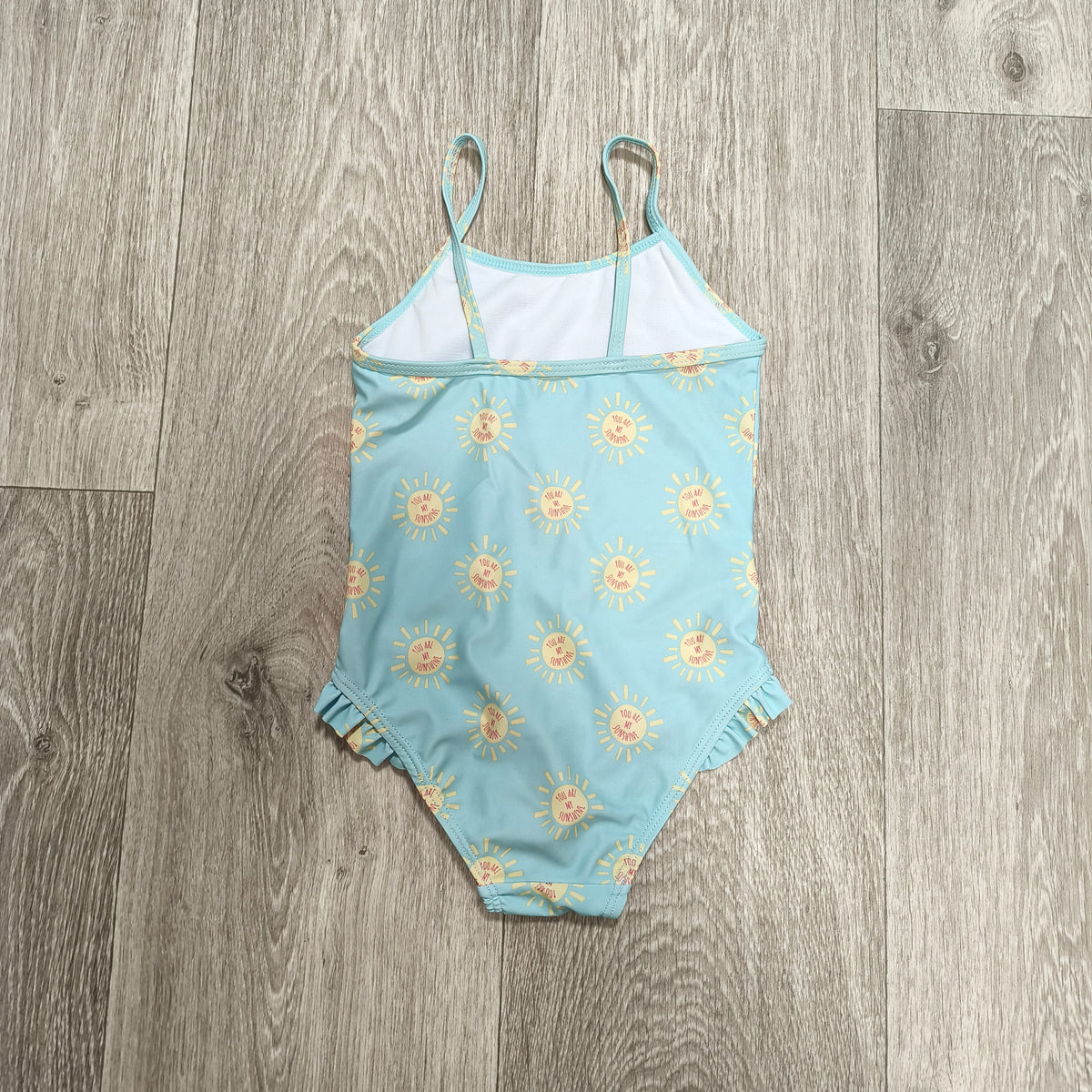 Girls Light Blue Sunshine Print Ruffle One Piece Swimsuit Bathing Suit