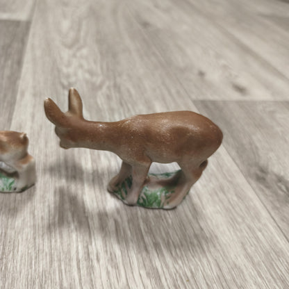 Vintage USSR Biscuit Clay Deer Figurines Set 2 Mother Fawn 1980s Soviet