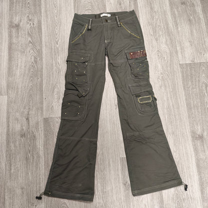 Y2K Cargo Pants Womens Size 30 Green Studded Rhinestone Low Rise Flare FAIR
