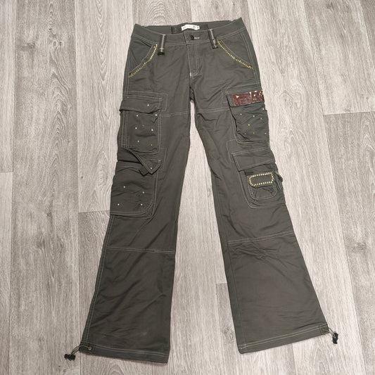 Y2K Cargo Pants Womens Size 30 Green Studded Rhinestone Low Rise Flare FAIR