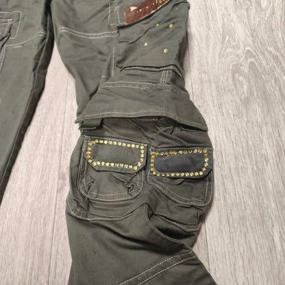 Y2K Cargo Pants Womens Size 30 Green Studded Rhinestone Low Rise Flare FAIR