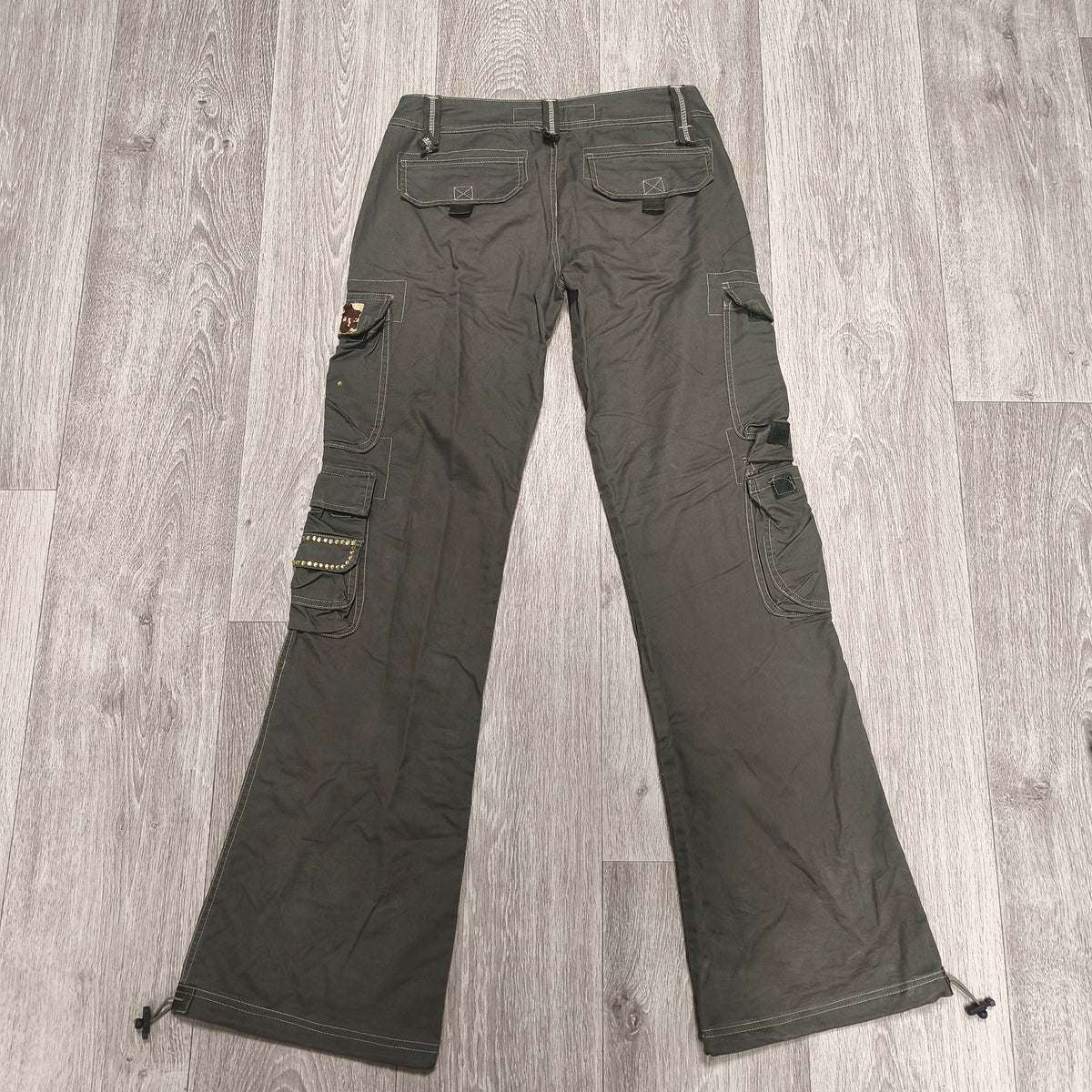 Y2K Cargo Pants Womens Size 30 Green Studded Rhinestone Low Rise Flare FAIR