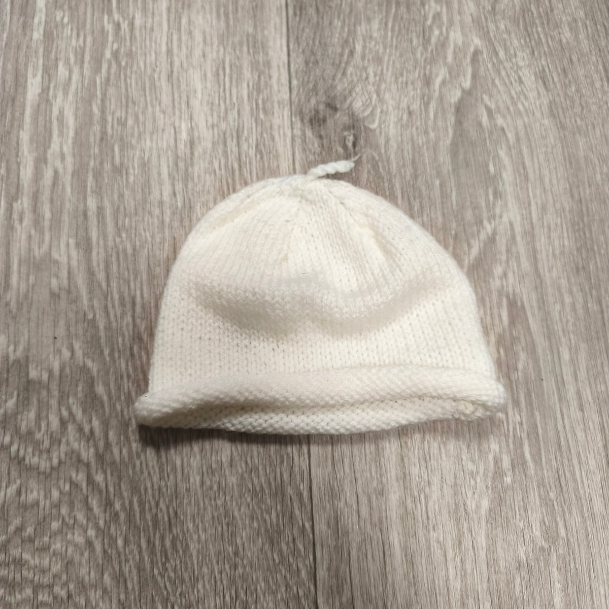 White Knit Baby Beanie Hat Rolled Brim Top Knot Newborn Infant Cap Soft