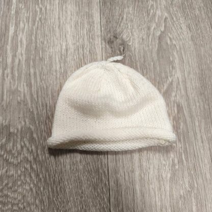 White Knit Baby Beanie Hat Rolled Brim Top Knot Newborn Infant Cap Soft