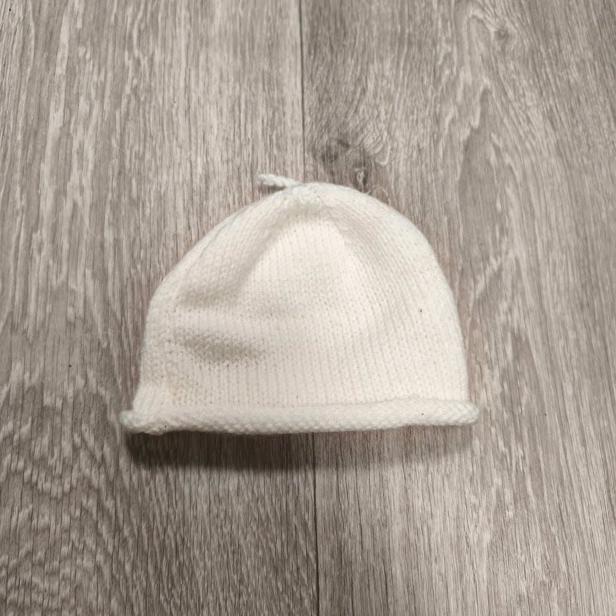 White Knit Baby Beanie Hat Rolled Brim Top Knot Newborn Infant Cap Soft