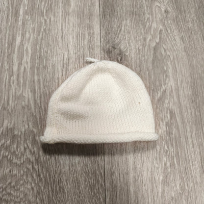 White Knit Baby Beanie Hat Rolled Brim Top Knot Newborn Infant Cap Soft