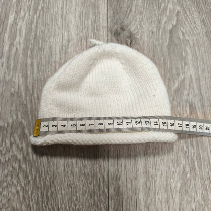 White Knit Baby Beanie Hat Rolled Brim Top Knot Newborn Infant Cap Soft
