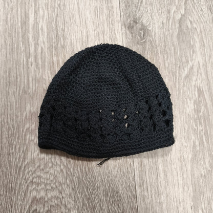 Black Crochet Beanie Hat Kufi Skull Cap Openwork Knit Dome Cap Headwear