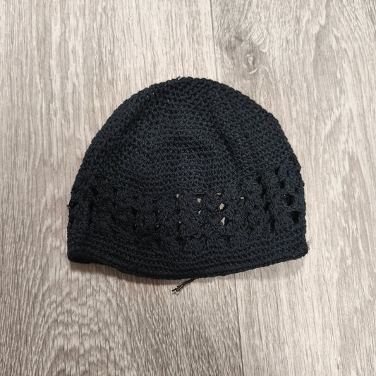 Black Crochet Beanie Hat Kufi Skull Cap Openwork Knit Dome Cap Headwear