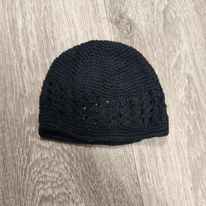 Black Crochet Beanie Hat Kufi Skull Cap Openwork Knit Dome Cap Headwear