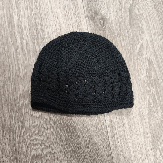 Black Crochet Beanie Hat Kufi Skull Cap Openwork Knit Dome Cap Headwear