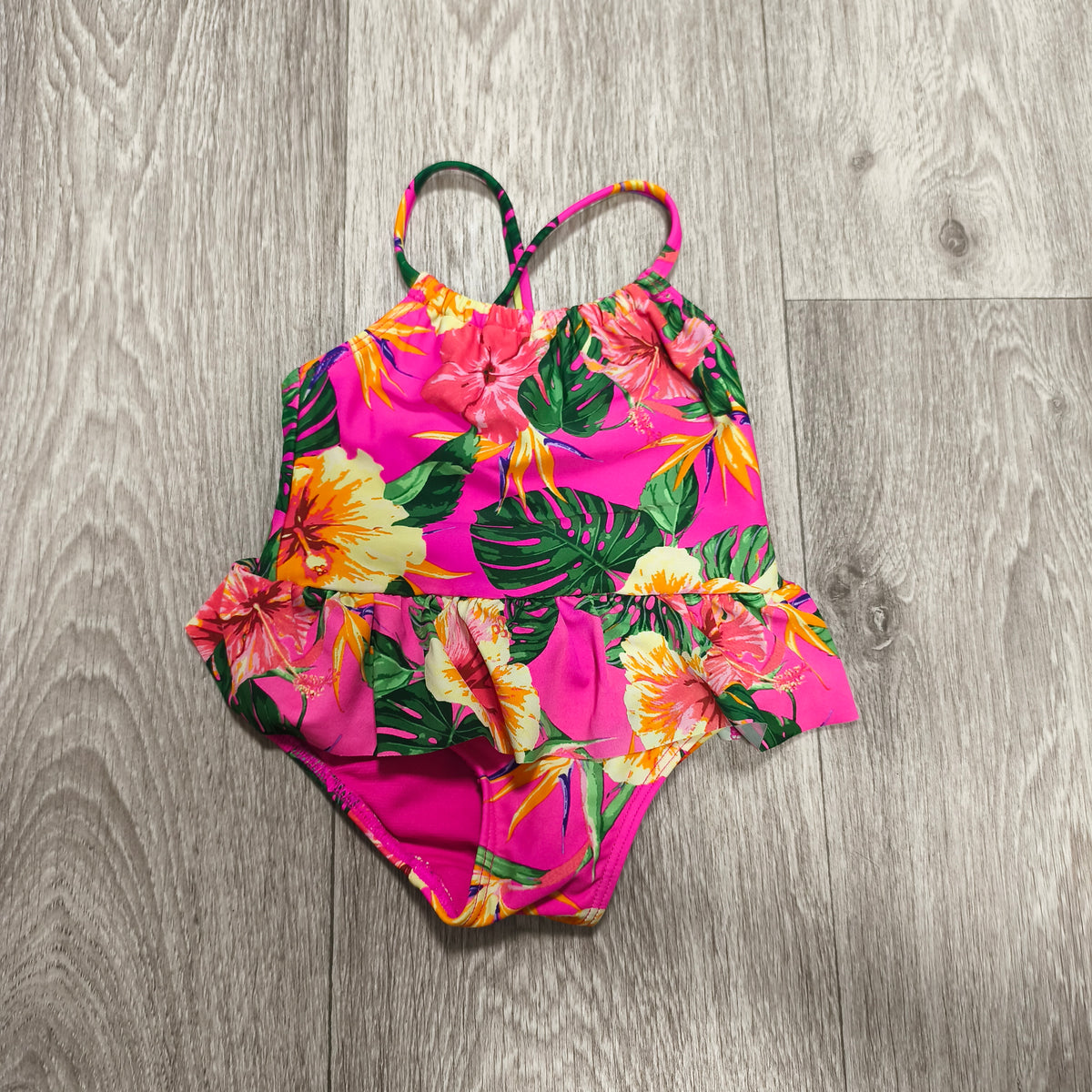 Matalan Baby Girls Pink Tropical Floral Ruffle One Piece Swimsuit 3-6 Months