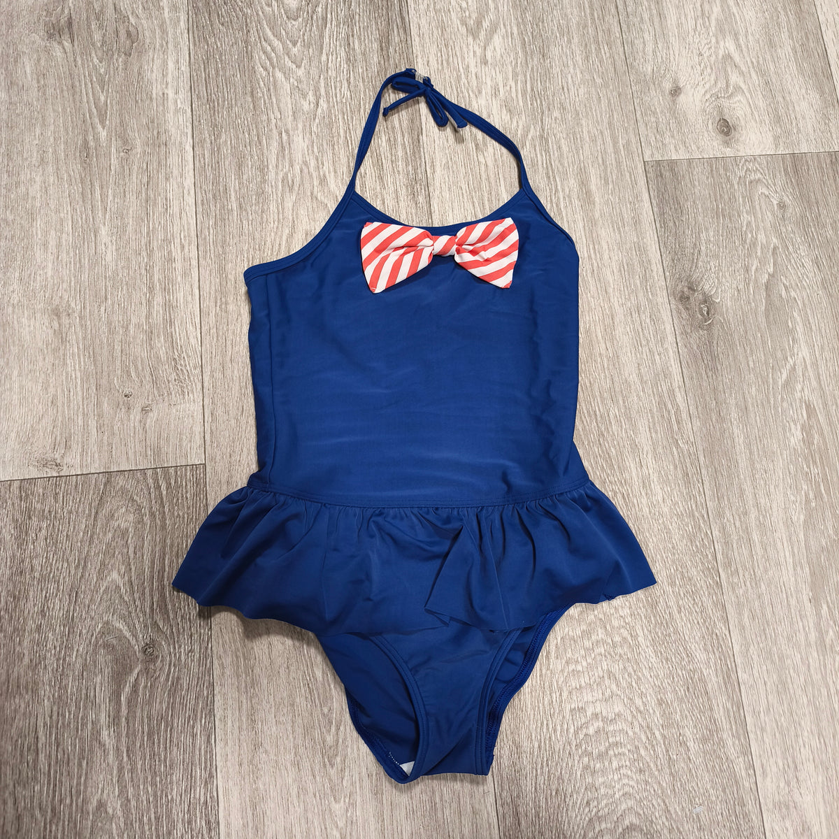 M&S Girls Navy Blue One Piece Swimsuit Skirted Halterneck Bow Swimwear Age 8-9 Y