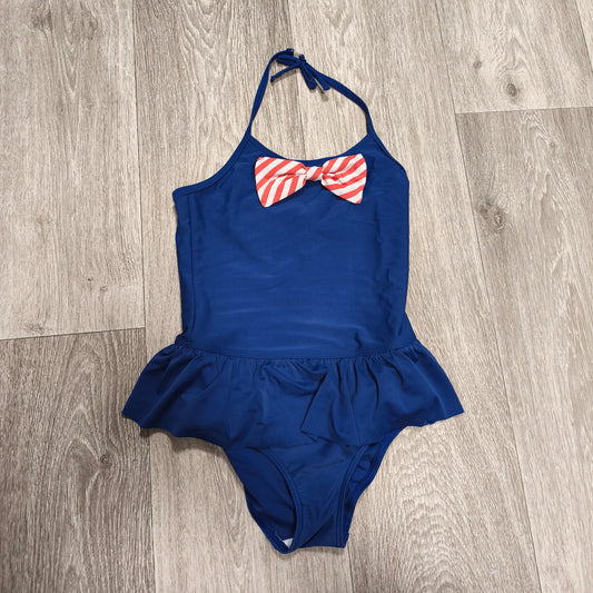 M&S Girls Navy Blue One Piece Swimsuit Skirted Halterneck Bow Swimwear Age 8-9 Y