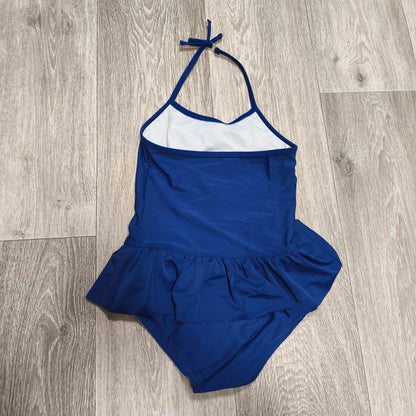 M&S Girls Navy Blue One Piece Swimsuit Skirted Halterneck Bow Swimwear Age 8-9 Y