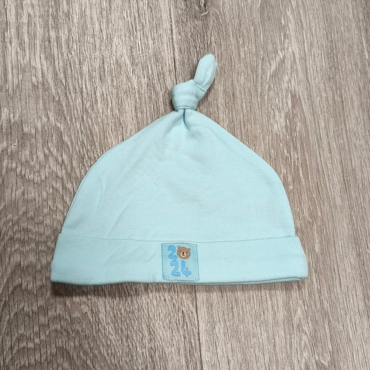 Baby Light Blue Knot Top Beanie Hat Bear Patch 2024 Cotton 0-3 Months