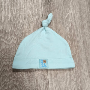 Baby Light Blue Knot Top Beanie Hat Bear Patch 2024 Cotton 0-3 Months